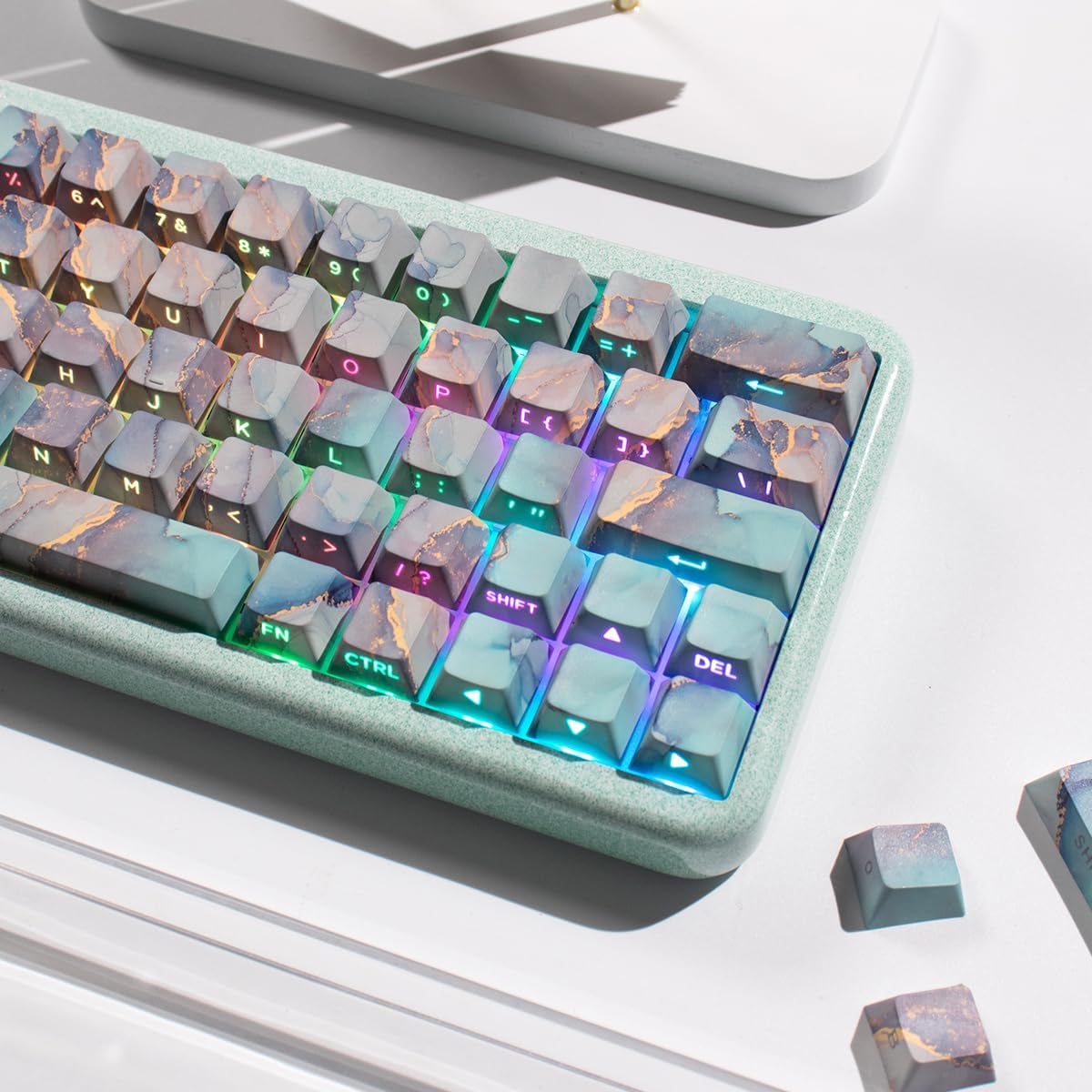 131 Keys PBT Dye Sub Cherry Profile Marble Style Shine Through Keycaps Set Fit for 61/64/87/104/108 Cherry Mx Switches Mechanical Keyboard